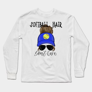 Softball Hair Don’t Care Girl Messy Bun in Cap Long Sleeve T-Shirt